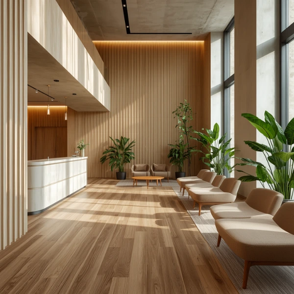 A wide view of our modern, premium Henderson medical wellness center featuring warm lighting, light wood accents, and lush green plants.
