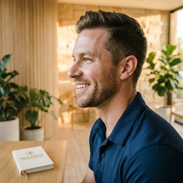 A close-up side profile of a smiling man in his early 30s sitting in a modern, sunlit wellness clinic with textured wood walls and green plants in the background.