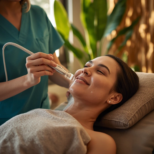A smiling aesthetician in stylish teal scrubs gently performs a hydro-dermabrasion treatment using a clear spiraled wand on a relaxed woman in a bright Henderson clinic.