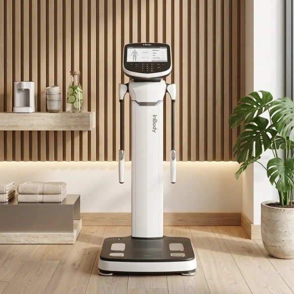 A professional view of an immaculate InBody 570 body composition analyzer in a sunlit wellness studio, featuring wood slat walls and a Monstera plant, with the screen active. Title Tag: Medically Precise InBody 770 Body Composition Analysis in Henderson