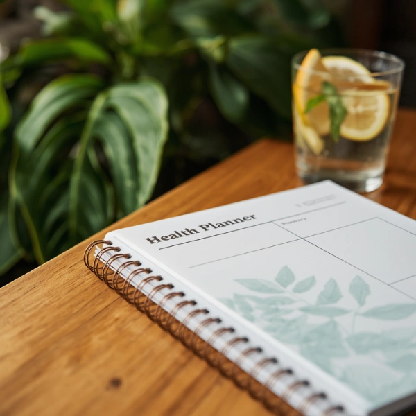 A close-up of a personalized health planner resting on a wooden desk next to a glass of fresh citrus-infused water.