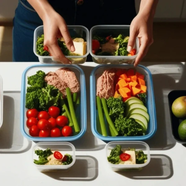 Overhead view of hands organizing healthy meal prep containers filled with salmon, broccoli, and fresh vegetables.